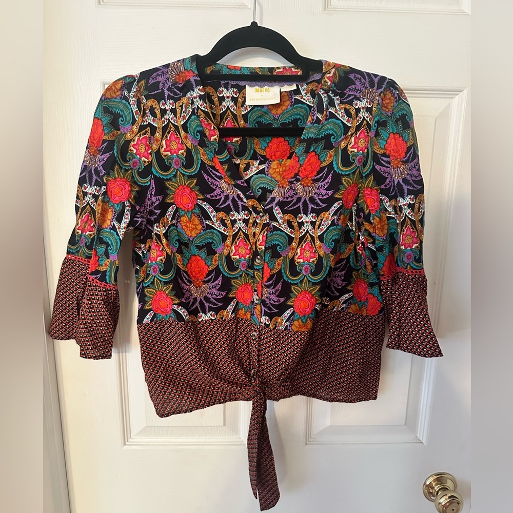 Maeve Anthropology Multicolor Floral Blouse with adjustable tie waist size 4